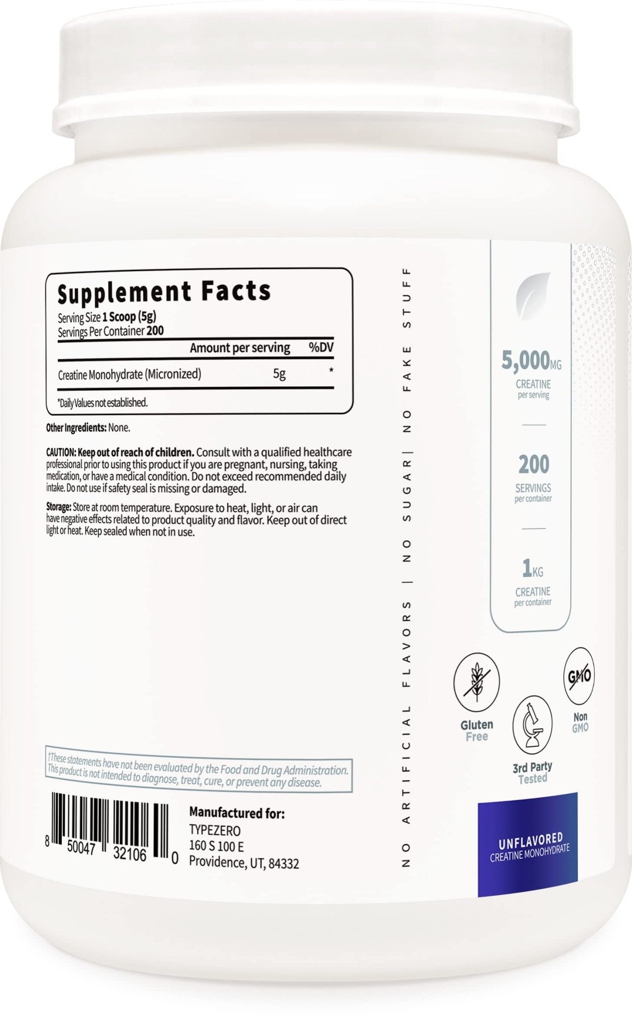 Type Zero Creatine Monohydrate (Unflavored) 1 KG, 5000mg (5g) Per Serving, Micronized, Zero Sugar, Keto Friendly & Gluten Free, 200 Servings - Maple Wellness Supplements