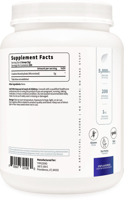 Type Zero Creatine Monohydrate (Unflavored) 1 KG, 5000mg (5g) Per Serving, Micronized, Zero Sugar, Keto Friendly & Gluten Free, 200 Servings - Maple Wellness Supplements