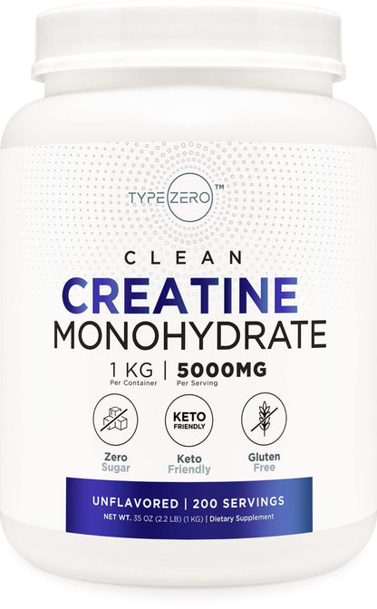 Type Zero Creatine Monohydrate (Unflavored) 1 KG, 5000mg (5g) Per Serving, Micronized, Zero Sugar, Keto Friendly & Gluten Free, 200 Servings - Maple Wellness Supplements