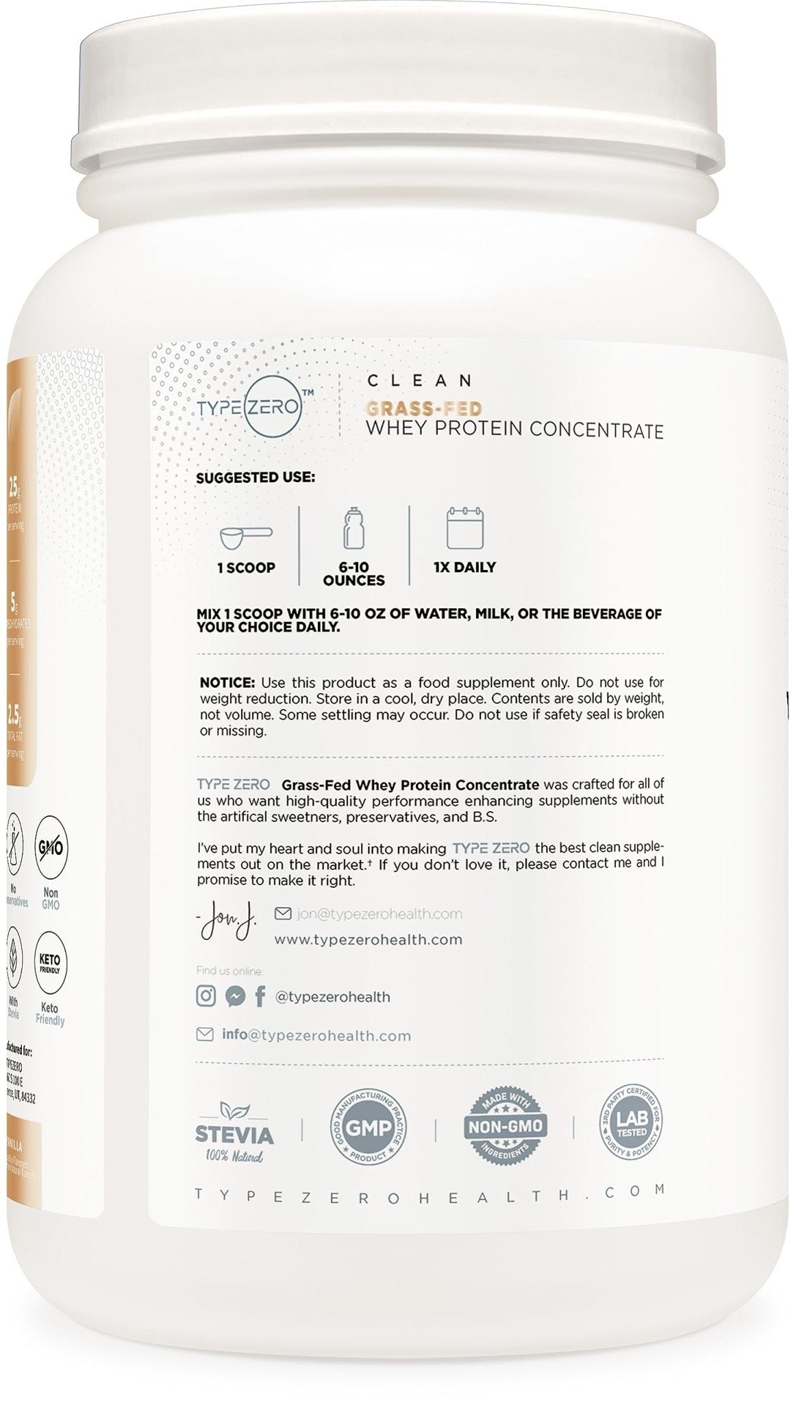 Type Zero Grass Fed Whey Protein Concentrate Powder (Vanilla, 2LBS) - Gluten Free - Maple Wellness Supplements
