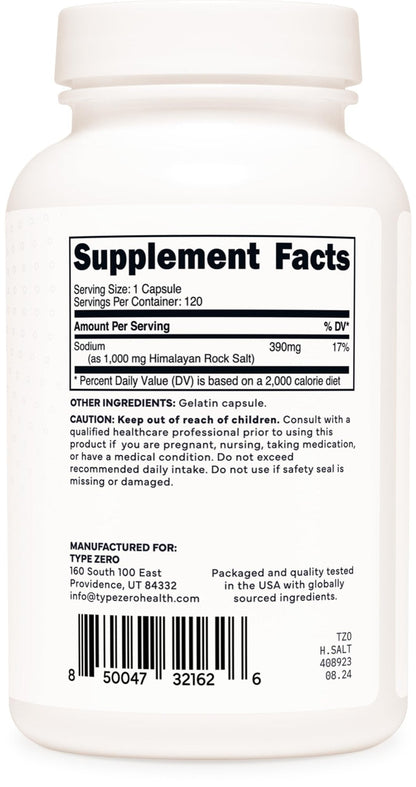 Type Zero Himalayan Rock Salt Capsules (120 Capsules) (1000mg per Serving) - Maple Wellness Supplements