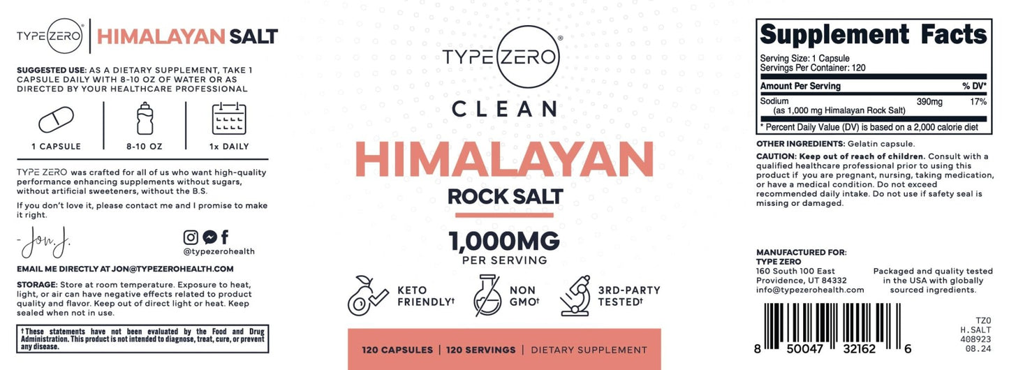 Type Zero Himalayan Rock Salt Capsules (120 Capsules) (1000mg per Serving) - Maple Wellness Supplements