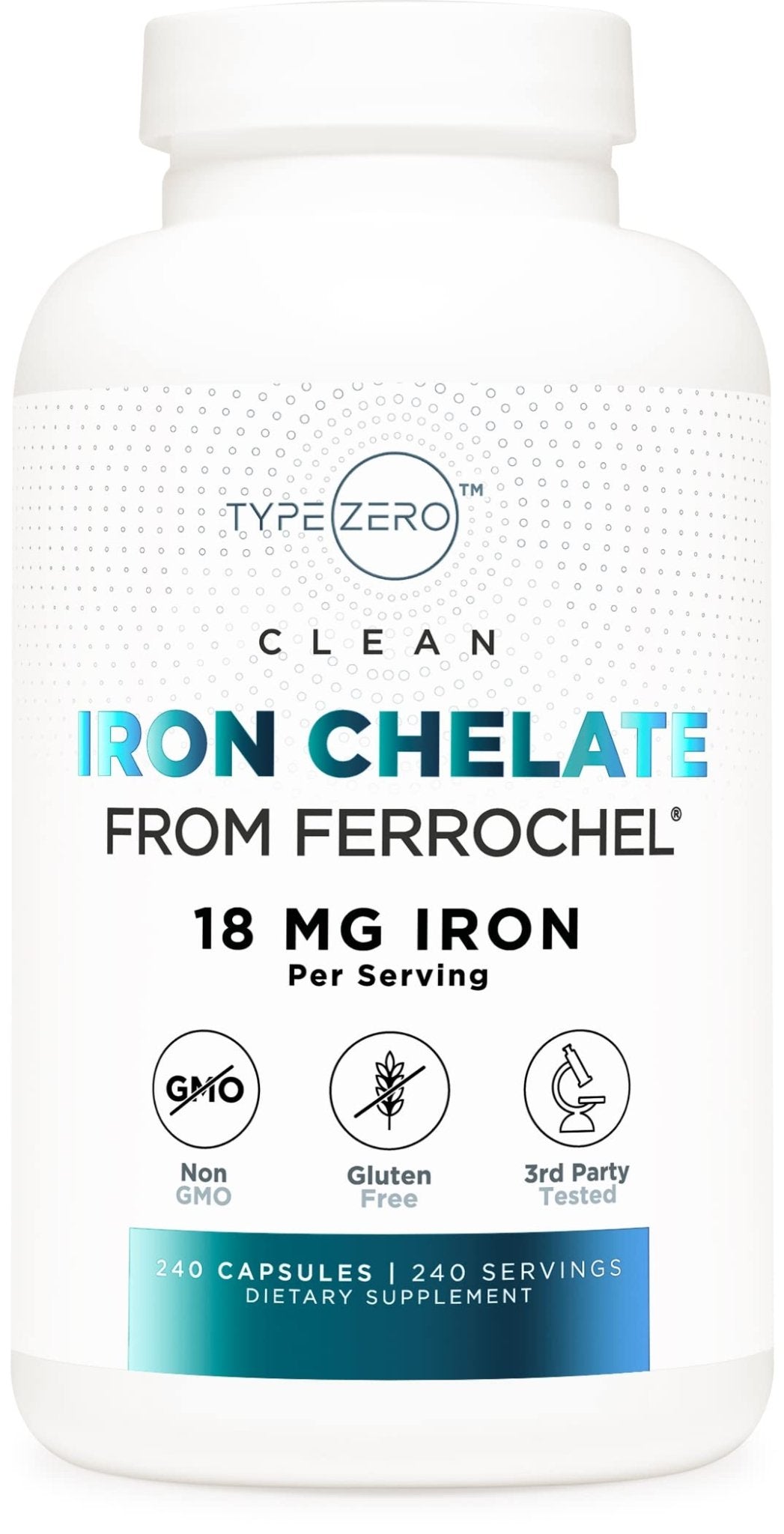 Type Zero Iron Chelate Capsules (18 MG, 240 CAPS) from Ferrochel Ferrous Bisglycinate Chelate - Non-GMO and Gluten Free - Maple Wellness Supplements