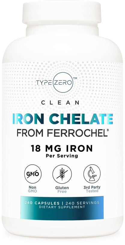 Type Zero Iron Chelate Capsules (18 MG, 240 CAPS) from Ferrochel Ferrous Bisglycinate Chelate - Non-GMO and Gluten Free - Maple Wellness Supplements