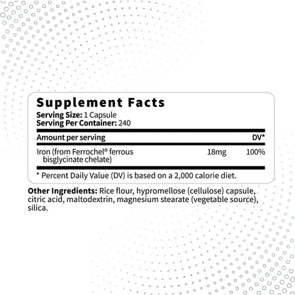 Type Zero Iron Chelate Capsules (18 MG, 240 CAPS) from Ferrochel Ferrous Bisglycinate Chelate - Non-GMO and Gluten Free - Maple Wellness Supplements