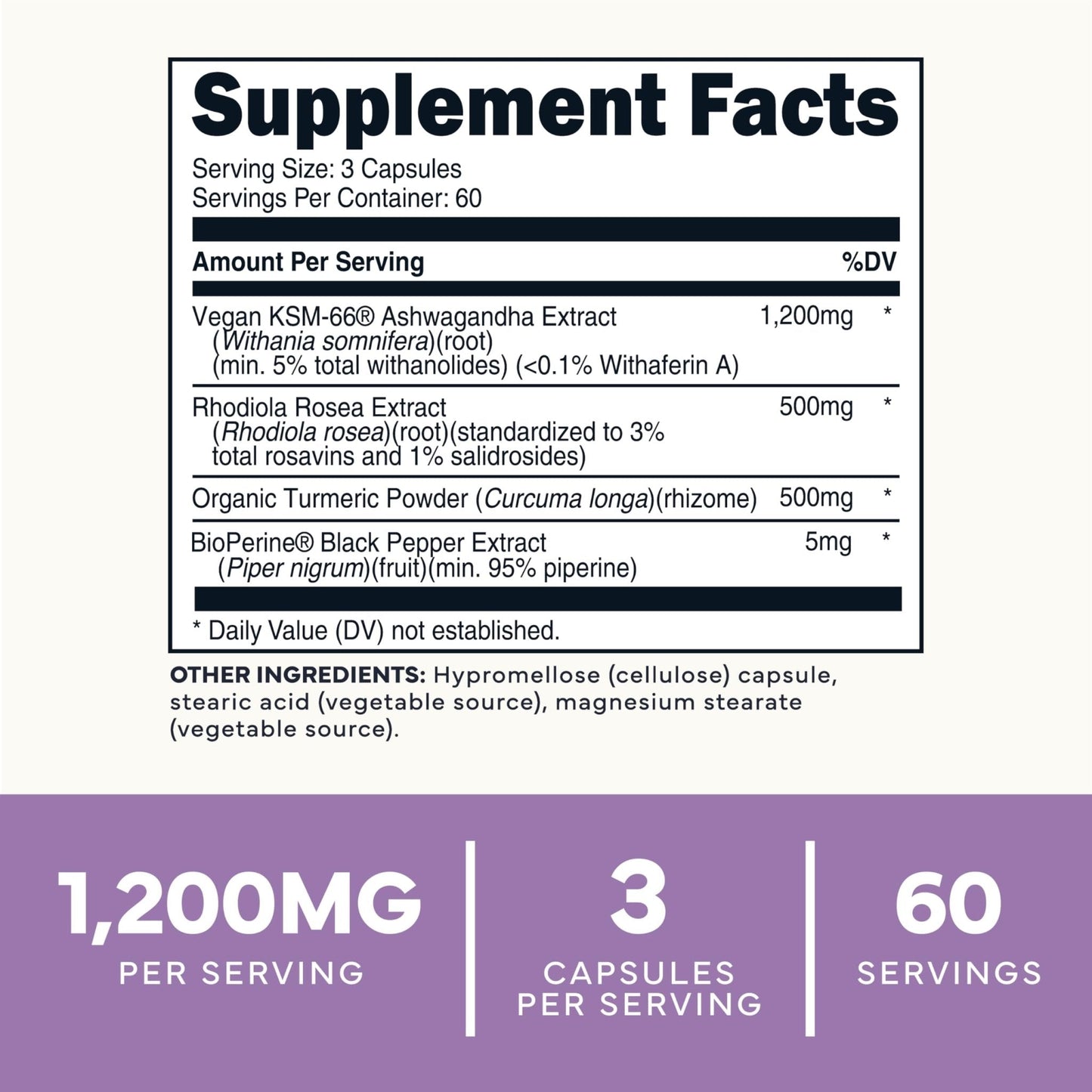 Type Zero KSM-66 Ashwagandha Root Extract 1,200mg, 60 Servings - High Potency 5% Withanolides - with Turmeric, Rhodiola Rosea and BioPerine Black Pepper Extract - 180 Veggie Caps - Maple Wellness Supplements