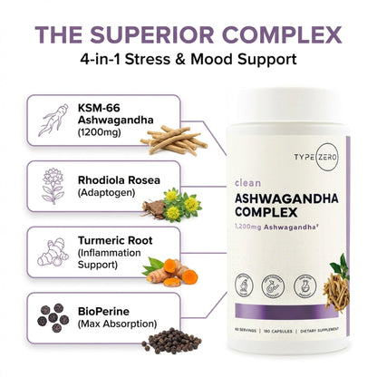 Type Zero KSM-66 Ashwagandha Root Extract 1,200mg, 60 Servings - High Potency 5% Withanolides - with Turmeric, Rhodiola Rosea and BioPerine Black Pepper Extract - 180 Veggie Caps - Maple Wellness Supplements