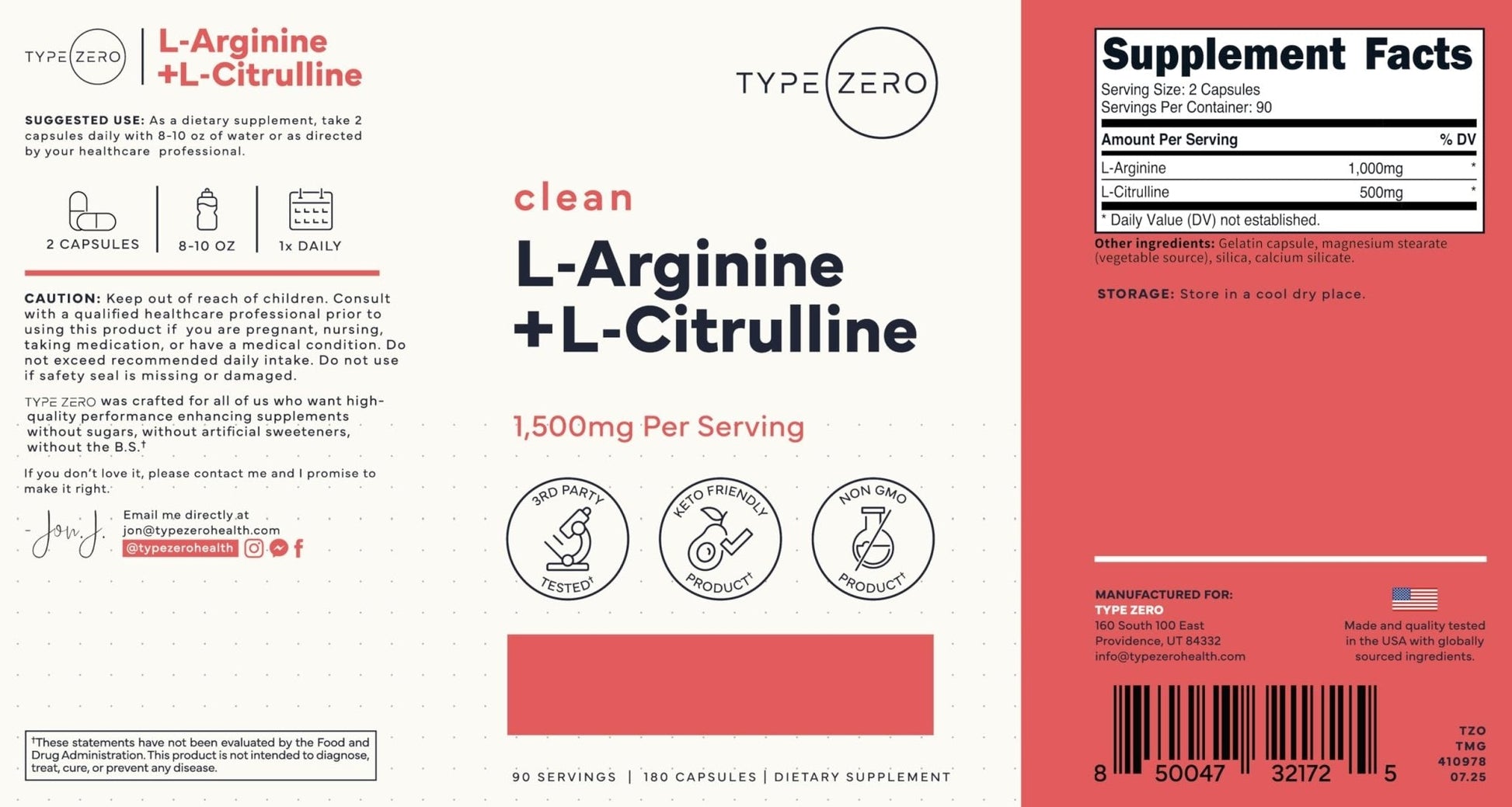 Type Zero L-Arginine + L-Citrulline Supplement (1500mg) - Nitric Oxide Booster - Clean, Keto-Friendly, GMO-Free, 180 Capsules, 90 Servings - Maple Wellness Supplements