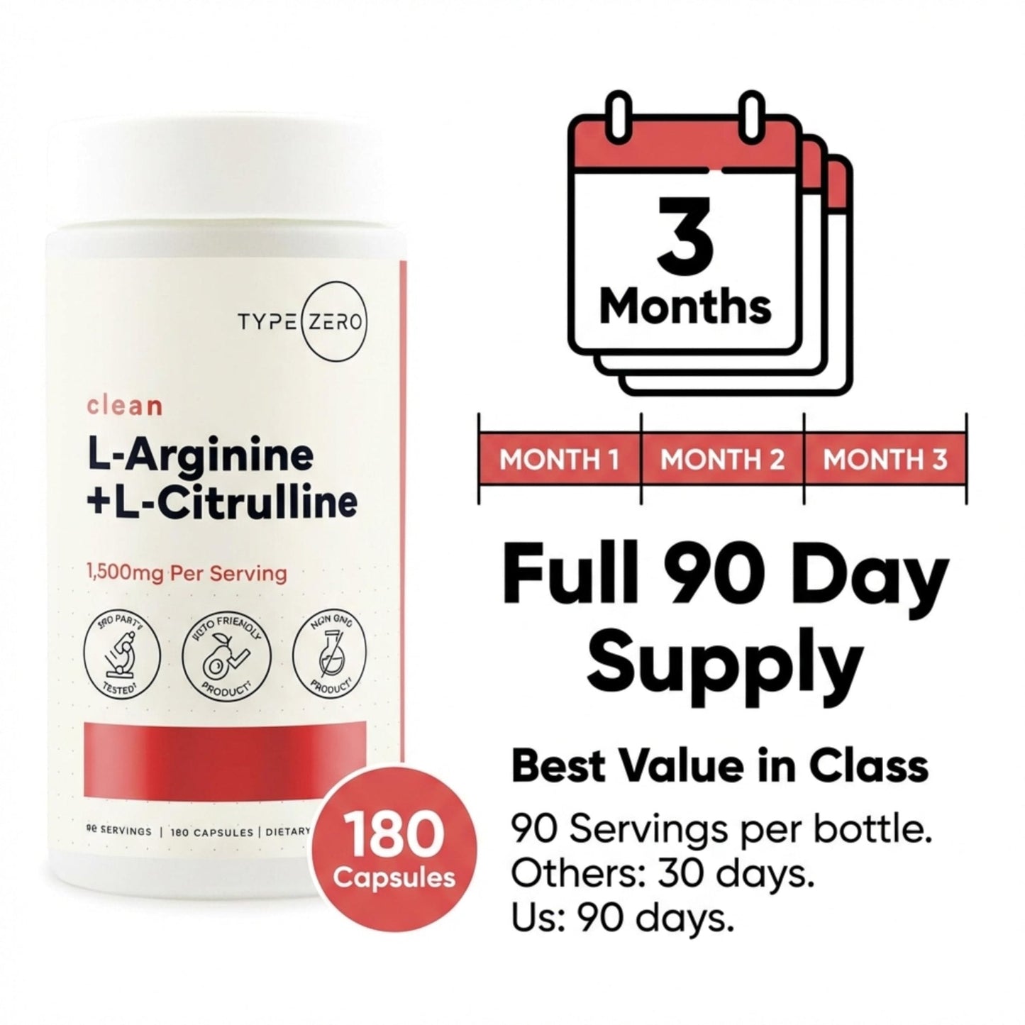Type Zero L-Arginine + L-Citrulline Supplement (1500mg) - Nitric Oxide Booster - Clean, Keto-Friendly, GMO-Free, 180 Capsules, 90 Servings - Maple Wellness Supplements
