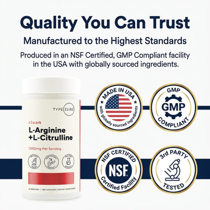 Type Zero L-Arginine + L-Citrulline Supplement (1500mg) - Nitric Oxide Booster - Clean, Keto-Friendly, GMO-Free, 180 Capsules, 90 Servings - Maple Wellness Supplements