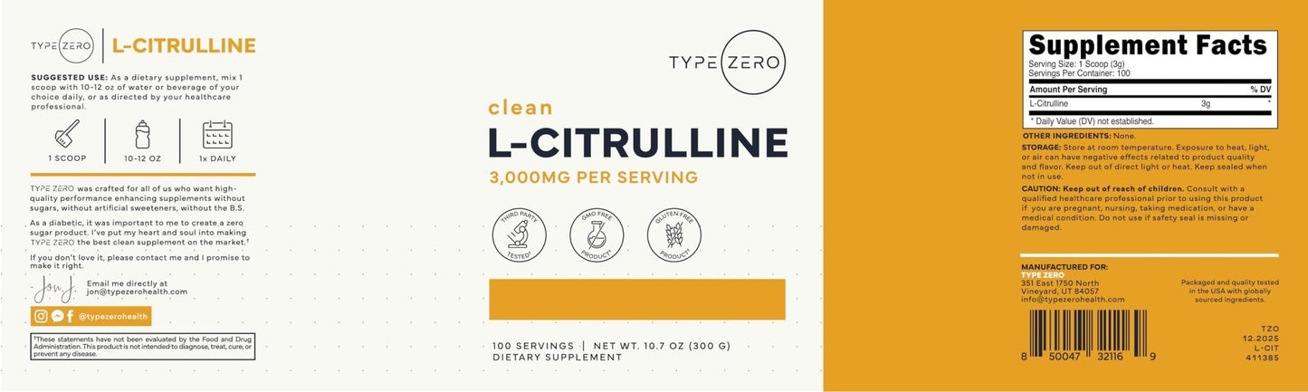 Type Zero L-Citrulline Base Powder, 3,000mg Per Serving - 100 Servings - Maple Wellness Supplements