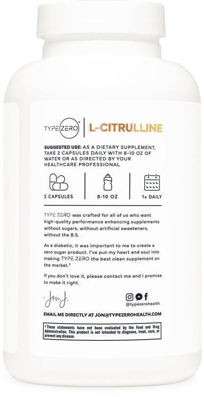Type Zero L-Citrulline Capsules (180 Capsules) (1500 mg per Serving) - GMO-Free - Maple Wellness Supplements