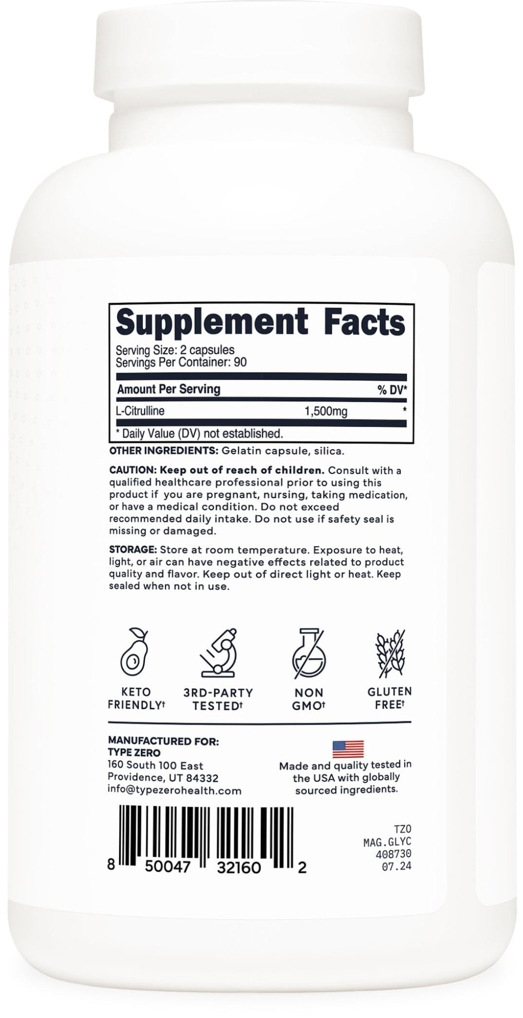 Type Zero L-Citrulline Capsules (180 Capsules) (1500 mg per Serving) - GMO-Free - Maple Wellness Supplements