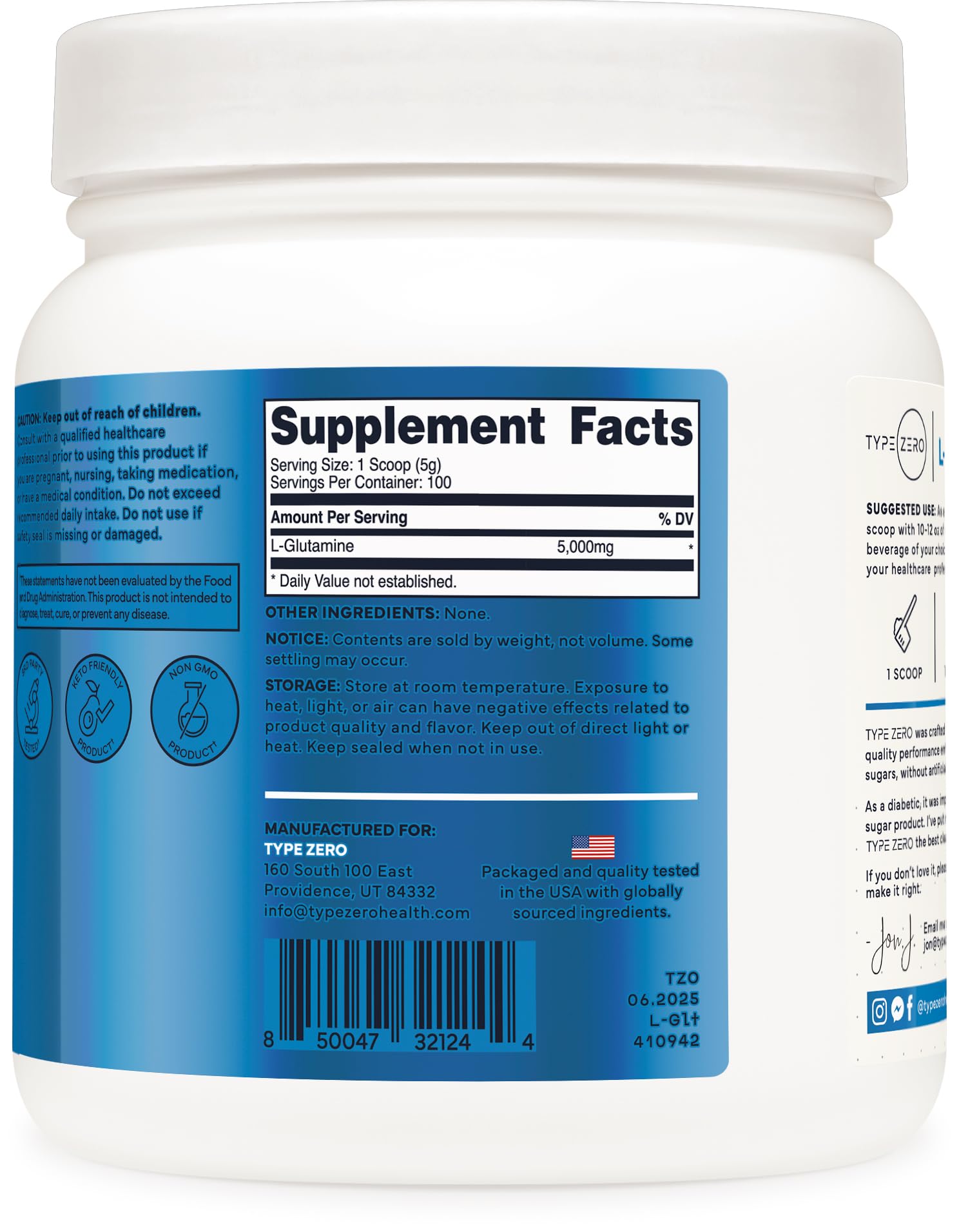 Type Zero L-Glutamine Powder (500G) 3-Month Supply Pure L-Glutamine Supplement - Vegan, Gluten Free, No Fillers - Maple Wellness Supplements
