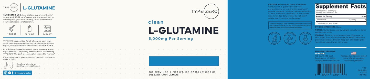 Type Zero L-Glutamine Powder (500G) 3-Month Supply Pure L-Glutamine Supplement - Vegan, Gluten Free, No Fillers - Maple Wellness Supplements