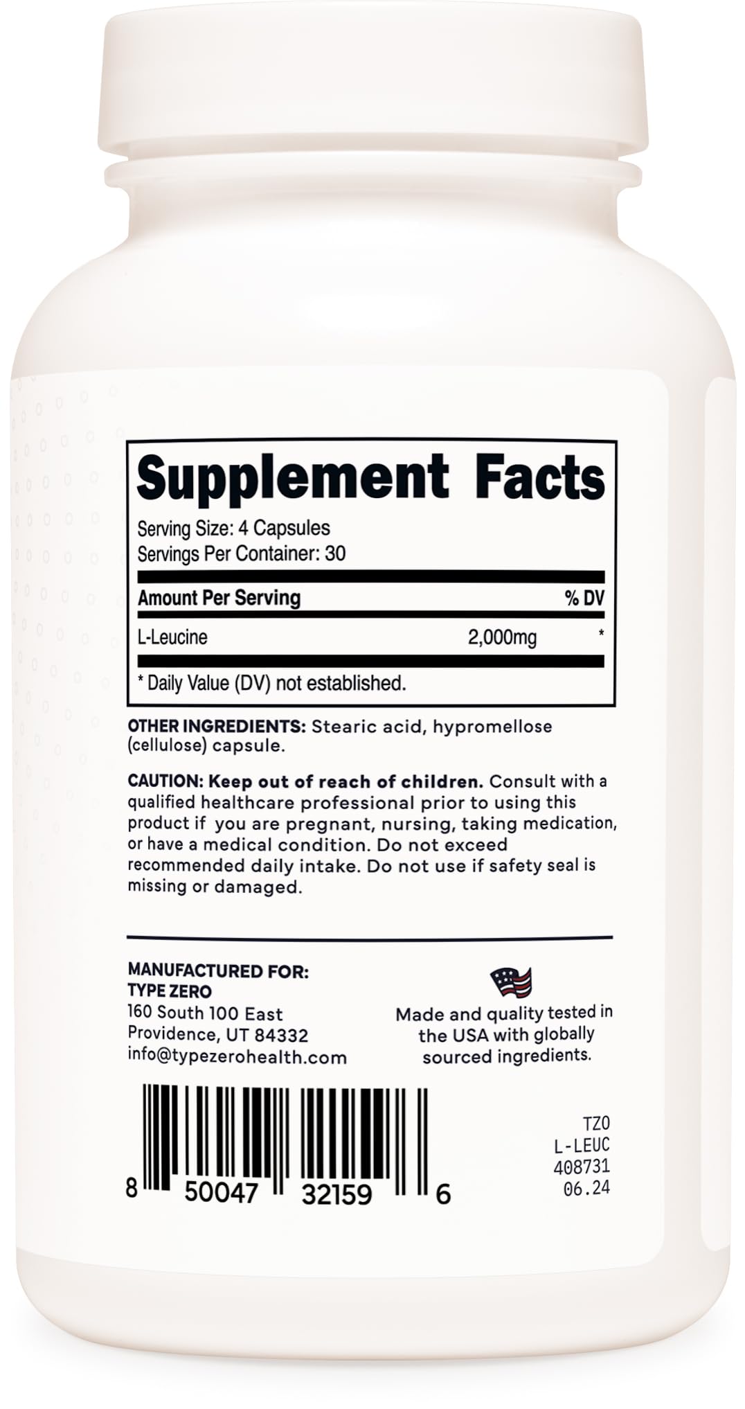 Type Zero L-Leucine Capsules (2000mg per Serving) 120 Capsules - 30 Servings - Maple Wellness Supplements