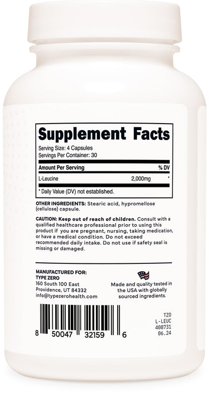Type Zero L-Leucine Capsules (2000mg per Serving) 120 Capsules - 30 Servings - Maple Wellness Supplements