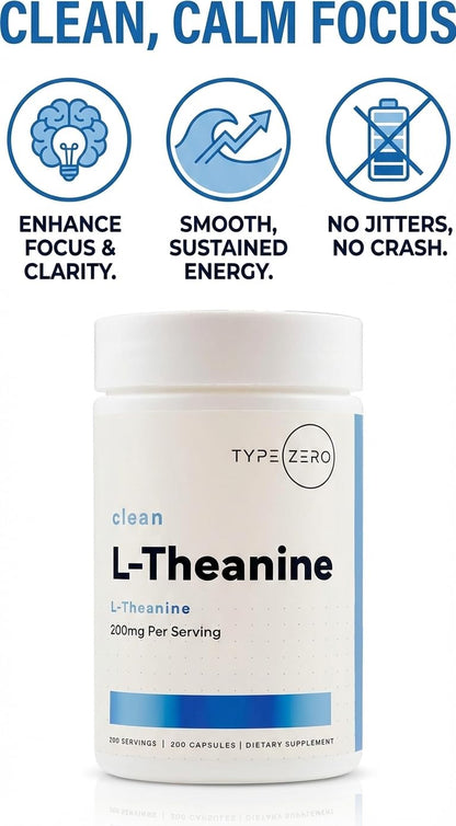 Type Zero L-Theanine (200mg) 200 Capsules - Clean L-Theanine Supplement, Keto, GMO-Free - Maple Wellness Supplements