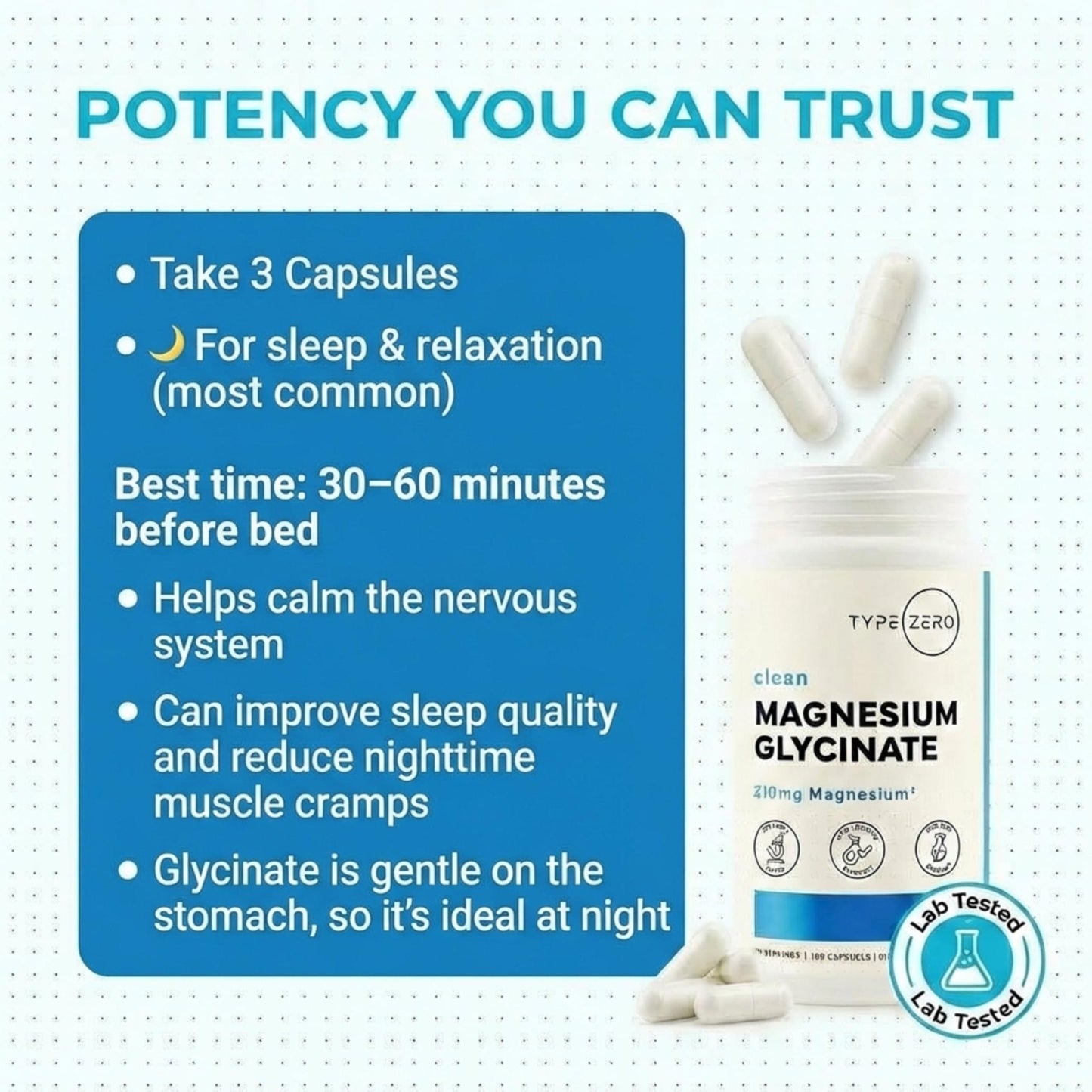 Type Zero Magnesium Glycinate (210mg | 180 Capsules) Pure, Non-GMO, Gluten Free, Natural High Absorption Magnesium Supplement - Maple Wellness Supplements