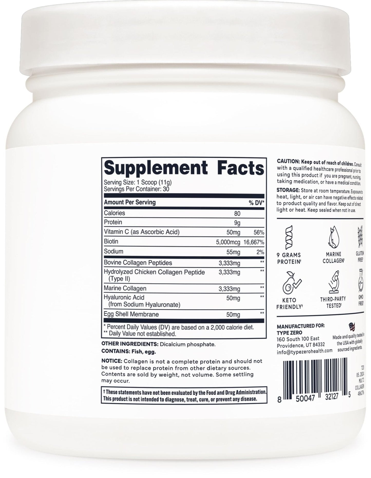 Type Zero Multi Collagen Powder 30 Servings (Unflavored) - Types I, II, III, V, & X Collagen Peptides + Hyaluronic Acid, VIT C, Biotin - Maple Wellness Supplements
