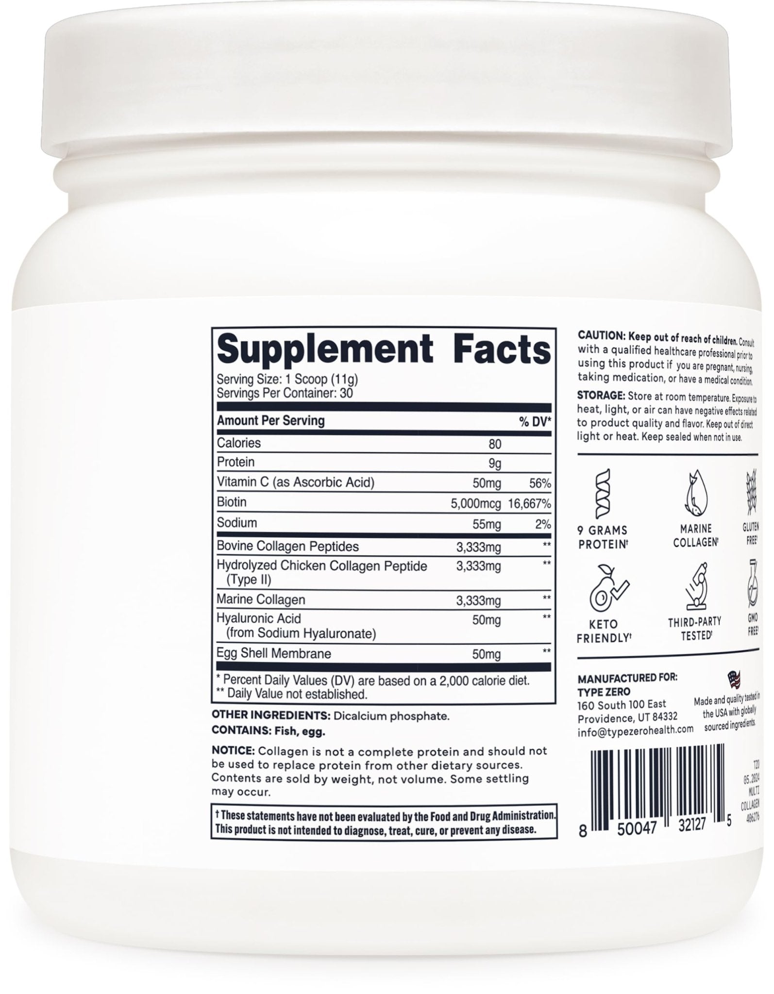 Type Zero Multi Collagen Powder 30 Servings (Unflavored) - Types I, II, III, V, & X Collagen Peptides + Hyaluronic Acid, VIT C, Biotin - Maple Wellness Supplements