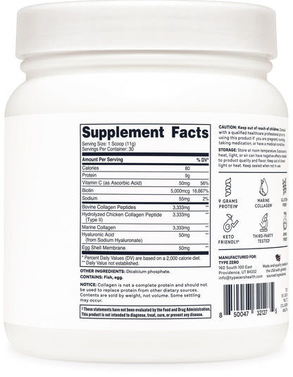 Type Zero Multi Collagen Powder 30 Servings (Unflavored) - Types I, II, III, V, & X Collagen Peptides + Hyaluronic Acid, VIT C, Biotin - Maple Wellness Supplements
