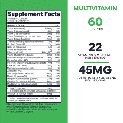 Type Zero Multivitamin Capsules (120 Capsules) (1300 mg) - with Probiotics + 22 Vitamins and Minerals, GMO-Free - Maple Wellness Supplements