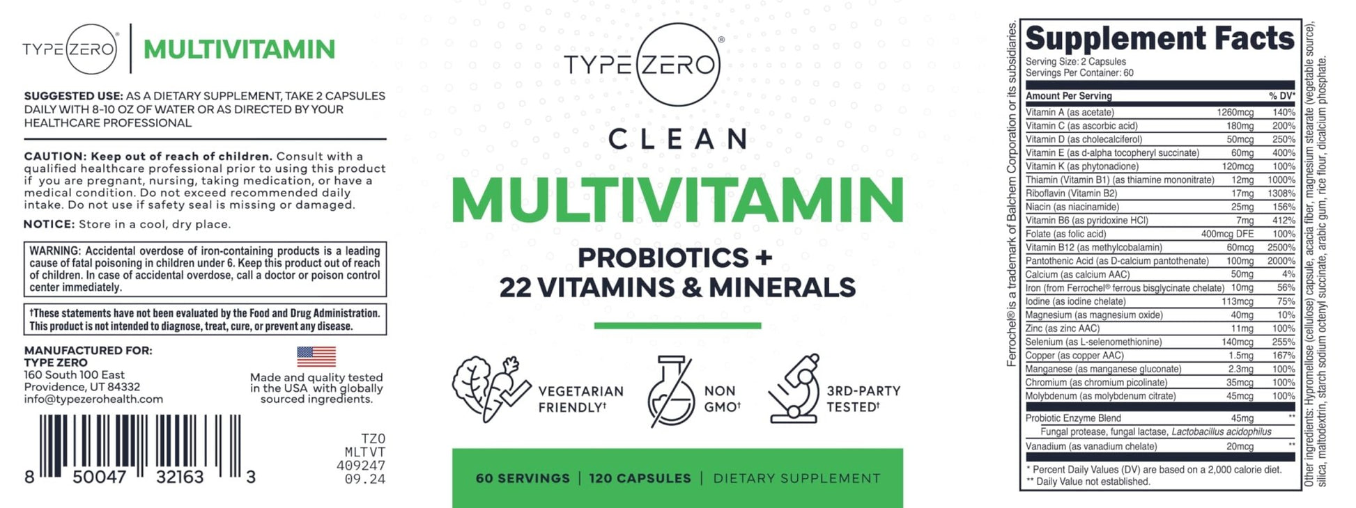 Type Zero Multivitamin Capsules (120 Capsules) (1300 mg) - with Probiotics + 22 Vitamins and Minerals, GMO-Free - Maple Wellness Supplements