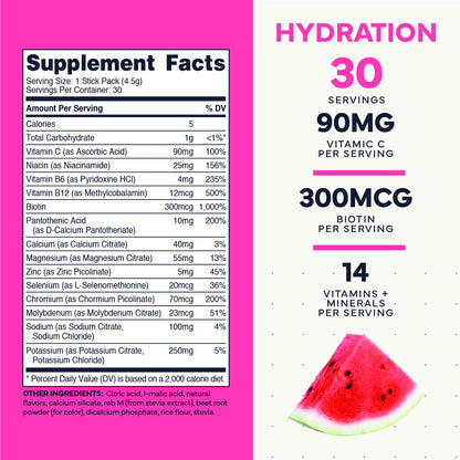 Type Zero Sugar Free Electrolytes Powder Packets + Clean Hydration Powder Stick Packs with 14 Vitamins and Minerals - Watermelon Flavor, 30 Servings - Maple Wellness Supplements
