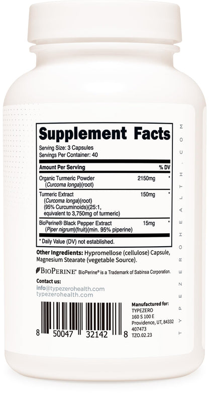 Type Zero Turmeric with Bioperine (120 Capsules) (2300mg per Serving) - GMO Free, Gluten Free, 3rd Party Tested - Maple Wellness Supplements
