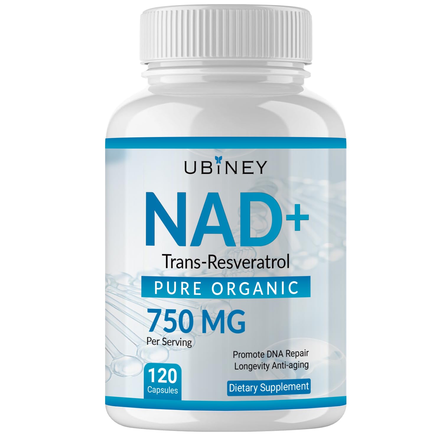 Ubiney NAD+ 750mg with Trans-Resveratrol – Pure Organic Nicotinamide Adenine Dinucleotide Supplement – DNA Repair, Cellular Energy, Anti-Aging Support – 120 Vegan Capsules, Non-GMO, Gluten-Free - Maple Wellness Supplements