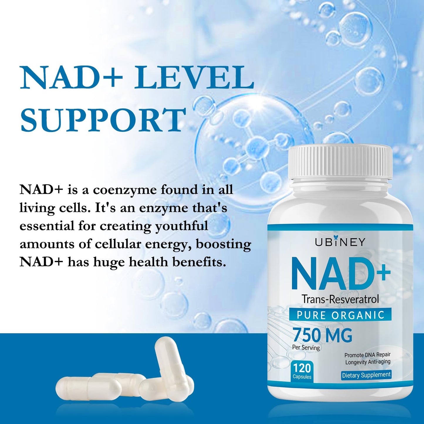 Ubiney NAD+ 750mg with Trans-Resveratrol – Pure Organic Nicotinamide Adenine Dinucleotide Supplement – DNA Repair, Cellular Energy, Anti-Aging Support – 120 Vegan Capsules, Non-GMO, Gluten-Free - Maple Wellness Supplements