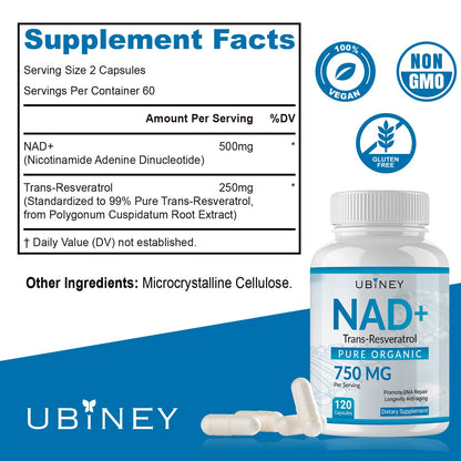 Ubiney NAD+ 750mg with Trans-Resveratrol – Pure Organic Nicotinamide Adenine Dinucleotide Supplement – DNA Repair, Cellular Energy, Anti-Aging Support – 120 Vegan Capsules, Non-GMO, Gluten-Free - Maple Wellness Supplements