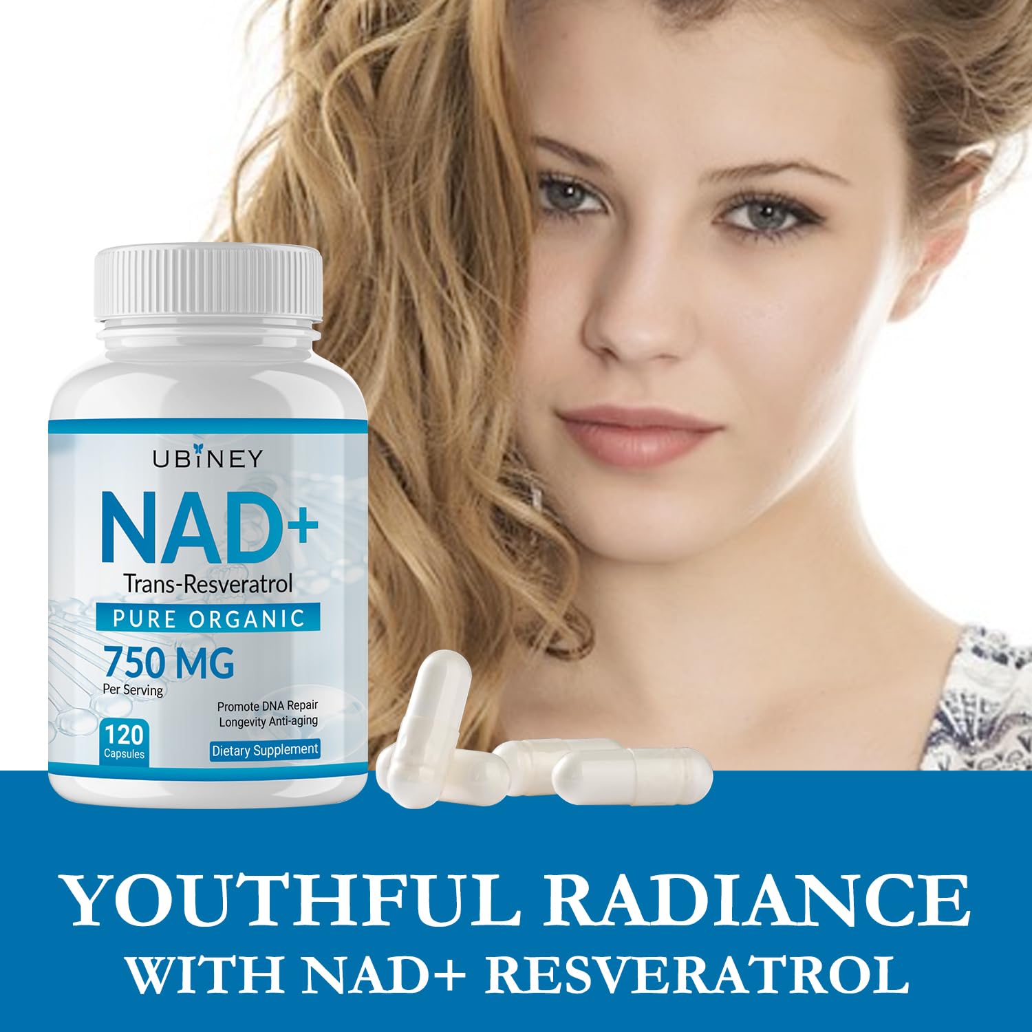 Ubiney NAD+ 750mg with Trans-Resveratrol – Pure Organic Nicotinamide Adenine Dinucleotide Supplement – DNA Repair, Cellular Energy, Anti-Aging Support – 120 Vegan Capsules, Non-GMO, Gluten-Free - Maple Wellness Supplements