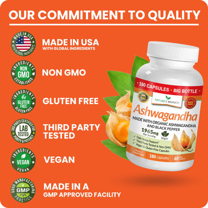 UDAF Certified Organic Ashwagandha with Black Pepper, 1965mg - Extra Strength for Stress, Sleep, Mood, Thyroid, Energy, Hair, Vegan Pure Root Extract Powder Supplement for Men and Women | 180 Capsules - Maple Wellness Supplements