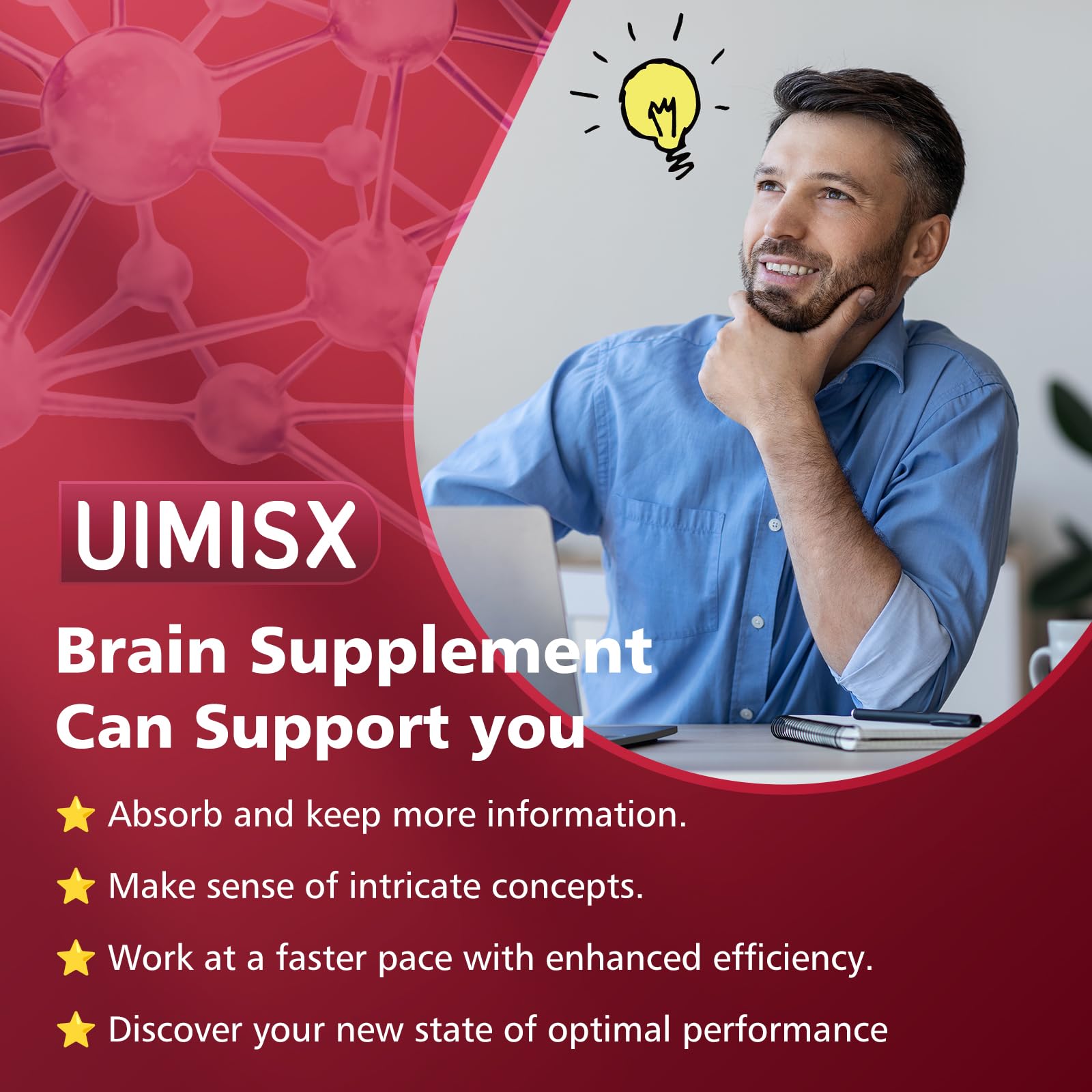 UIMISX Brain Supplement for Mental Alertness, Memory, Focus & Energy, Alpha GPC, Huperzine-A, L-Tyrosine, Phosphatidylserine, Vitamins B6 B12, High Absorption, 90 Capsules - Maple Wellness Supplements