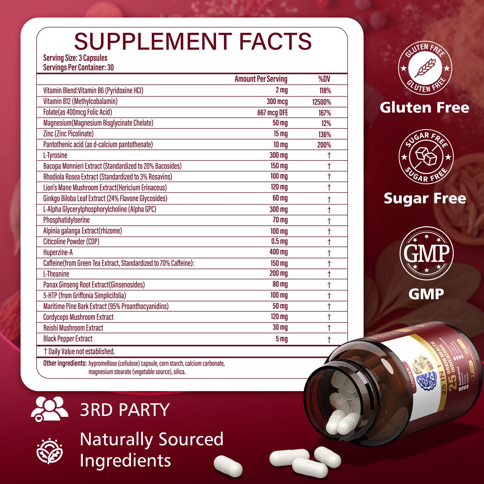 UIMISX Brain Supplement for Mental Alertness, Memory, Focus & Energy, Alpha GPC, Huperzine-A, L-Tyrosine, Phosphatidylserine, Vitamins B6 B12, High Absorption, 90 Capsules - Maple Wellness Supplements