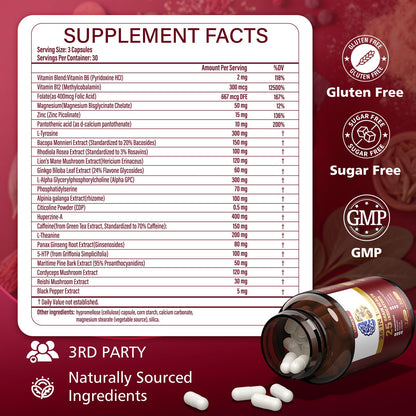 UIMISX Brain Supplement for Mental Alertness, Memory, Focus & Energy, Alpha GPC, Huperzine-A, L-Tyrosine, Phosphatidylserine, Vitamins B6 B12, High Absorption, 90 Capsules - Maple Wellness Supplements