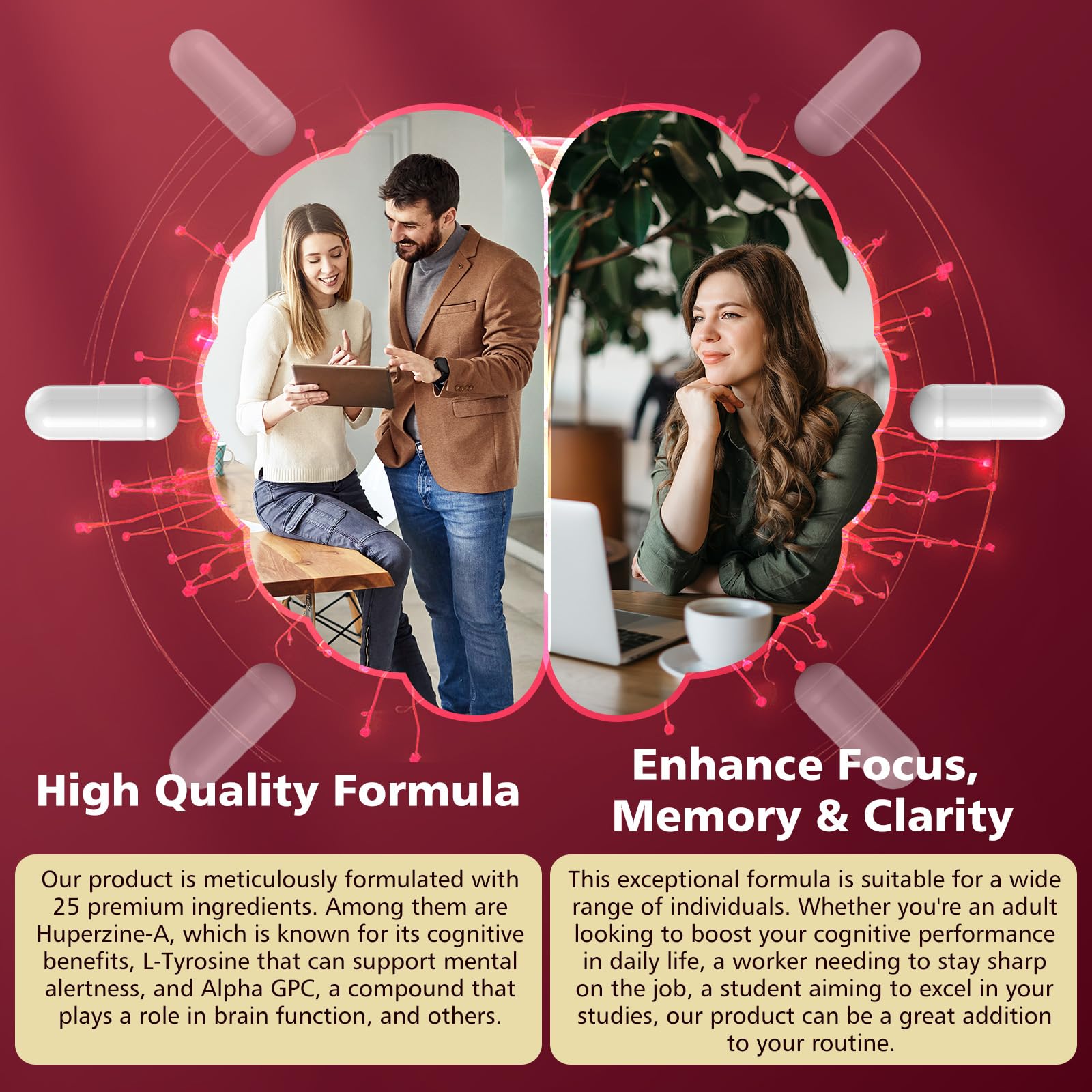 UIMISX Brain Supplement for Mental Alertness, Memory, Focus & Energy, Alpha GPC, Huperzine-A, L-Tyrosine, Phosphatidylserine, Vitamins B6 B12, High Absorption, 90 Capsules - Maple Wellness Supplements