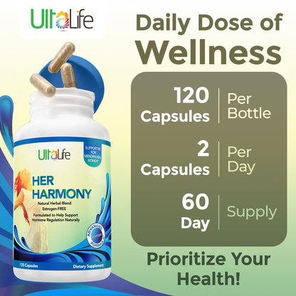 UltaLife Her Harmony Menopause Supplements for Women - Hot Flashes Menopause Relief & Hormone Balance for Women - Contains Black Cohosh, Dong Quai, Red Clover & More - Estrogen Free - 120 Capsules - Maple Wellness Supplements