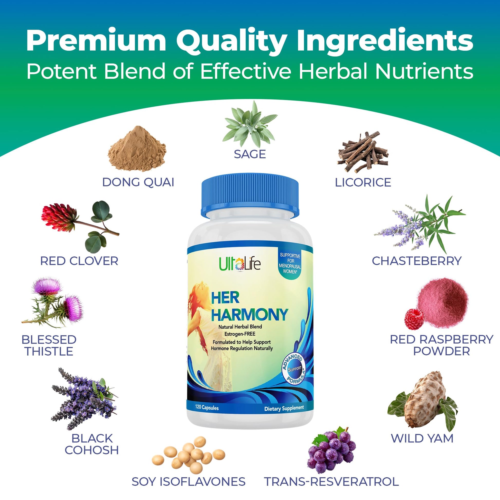 UltaLife Her Harmony Menopause Supplements for Women - Hot Flashes Menopause Relief & Hormone Balance for Women - Contains Black Cohosh, Dong Quai, Red Clover & More - Estrogen Free - 120 Capsules - Maple Wellness Supplements