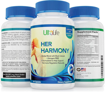 UltaLife Her Harmony Menopause Supplements for Women - Hot Flashes Menopause Relief & Hormone Balance for Women - Contains Black Cohosh, Dong Quai, Red Clover & More - Estrogen Free - 120 Capsules - Maple Wellness Supplements