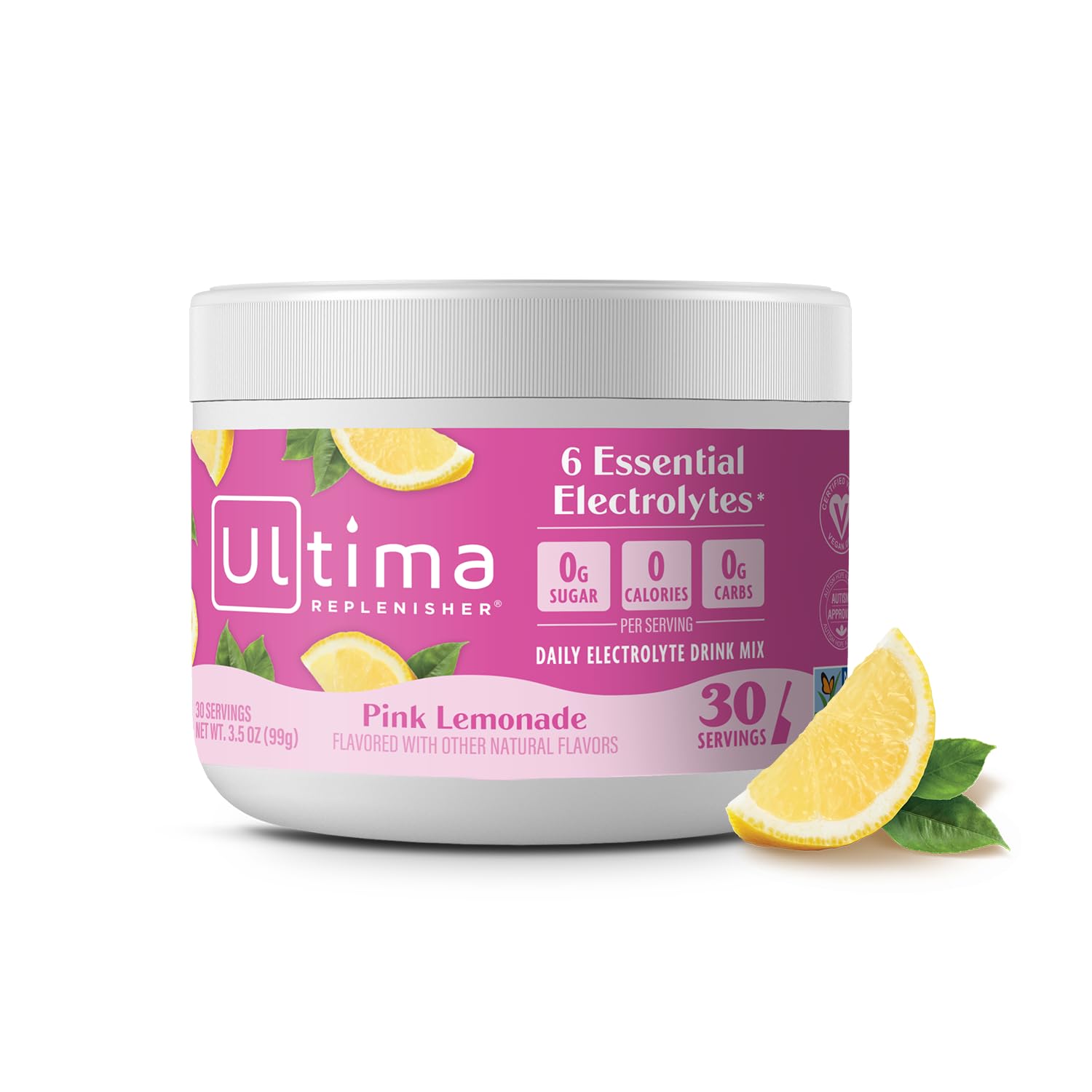 Ultima Replenisher Daily Electrolyte Powder Drink Mix – Pink Lemonade, 30 Servings Canister – Zero Sugar Hydration Powder with 6 Electrolytes & Minerals - Maple Wellness Supplements