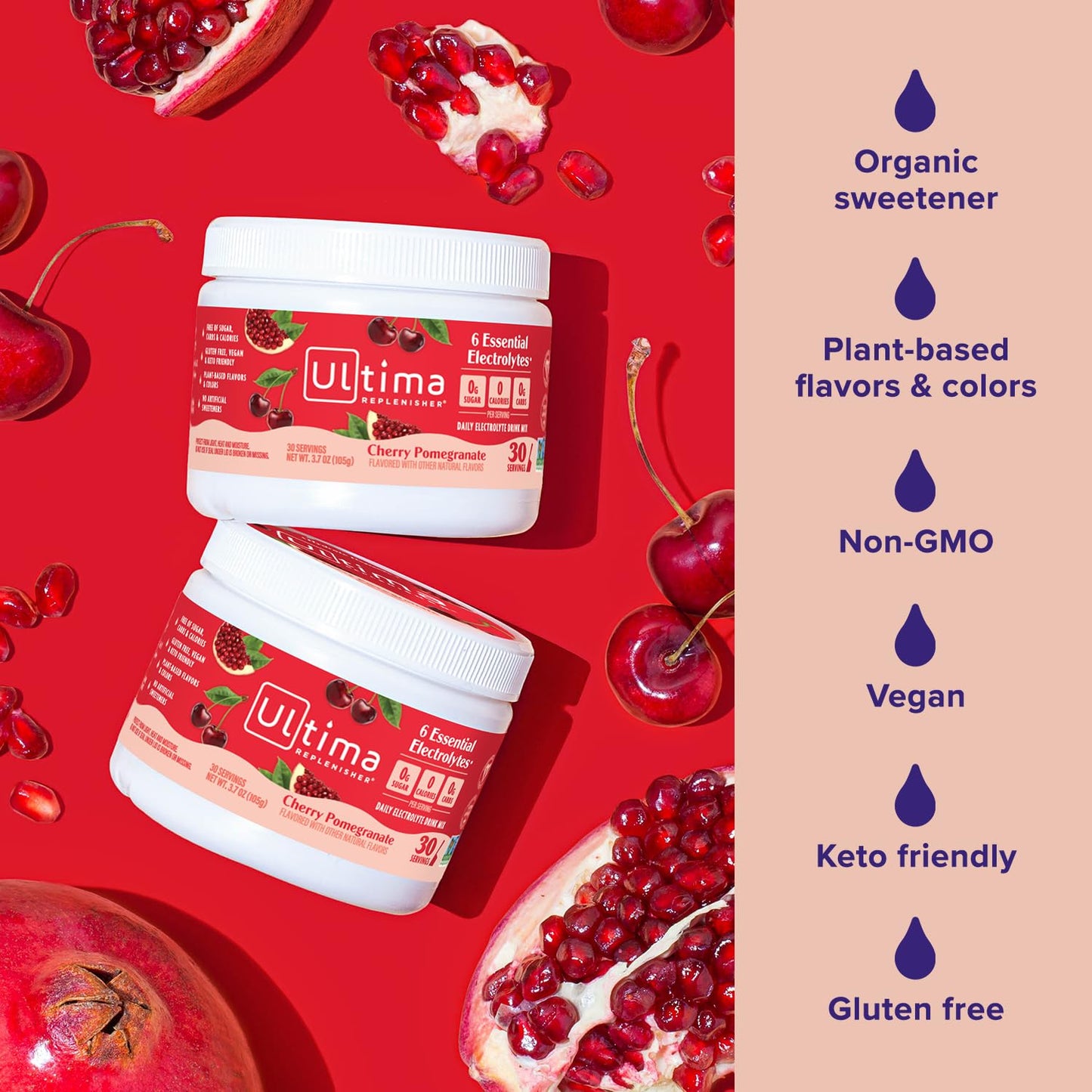 Ultima Replenisher Daily Electrolyte Powder Drink Mix – Sugar Free – Cherry Pomegranate, 30 Servings – Hydration Powder with 6 Electrolytes - Maple Wellness Supplements