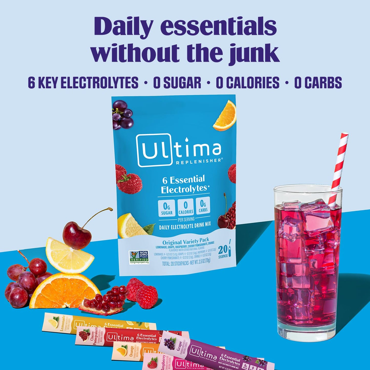 Ultima Replenisher Daily Electrolyte Powder – Original Variety Pack, 20 Stickpacks – Zero Sugar Hydration Packets with 6 Electrolytes and Minerals – Sugar Free - Maple Wellness Supplements
