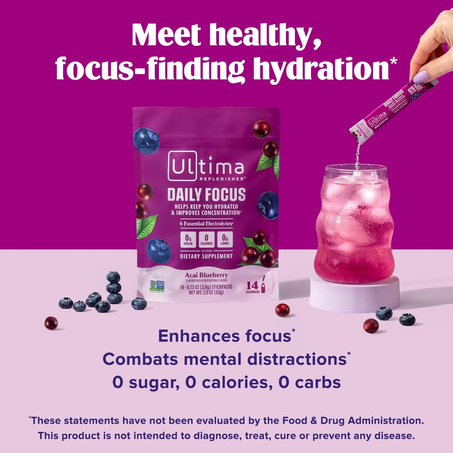 Ultima Replenisher Daily Focus Supplement & Electrolytes Powder - Acai Blueberry, 14 Stickpacks - Hydration Packets, 60mg Caffeine from Green Tea Extract & L-Theanine - Maple Wellness Supplements