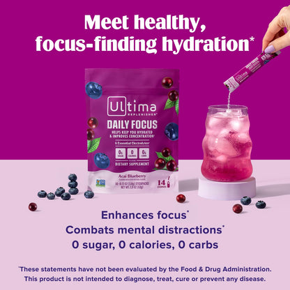 Ultima Replenisher Daily Focus Supplement & Electrolytes Powder - Acai Blueberry, 14 Stickpacks - Hydration Packets, 60mg Caffeine from Green Tea Extract & L-Theanine - Maple Wellness Supplements