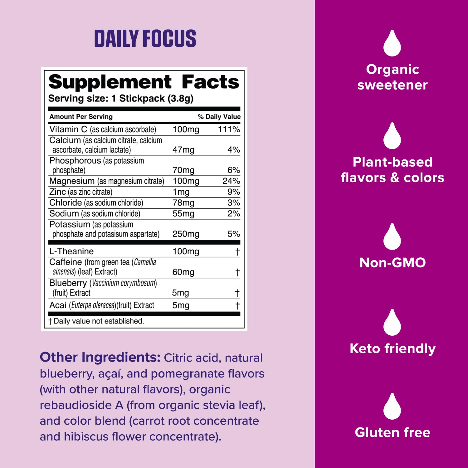 Ultima Replenisher Daily Focus Supplement & Electrolytes Powder - Acai Blueberry, 14 Stickpacks - Hydration Packets, 60mg Caffeine from Green Tea Extract & L-Theanine - Maple Wellness Supplements