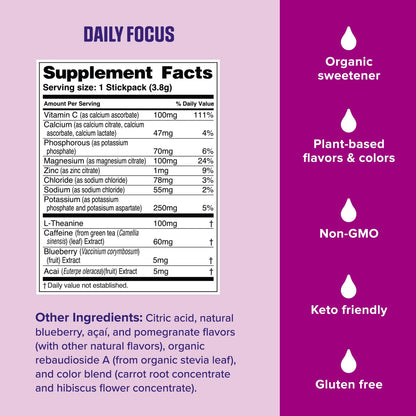 Ultima Replenisher Daily Focus Supplement & Electrolytes Powder - Acai Blueberry, 14 Stickpacks - Hydration Packets, 60mg Caffeine from Green Tea Extract & L-Theanine - Maple Wellness Supplements