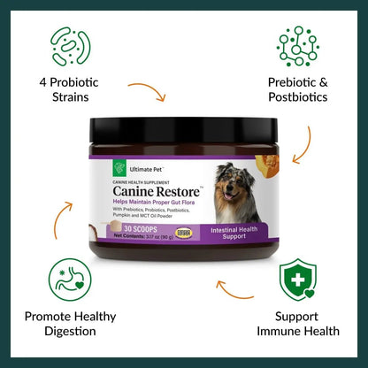 Ultimate Pet Nutrition Canine Restore, Gut Health Supplement with Prebiotics, Probiotics, & Postbiotics for Digestive Health & Immunity Support, Vet Formulated Powder Food Topper - Maple Wellness Supplements